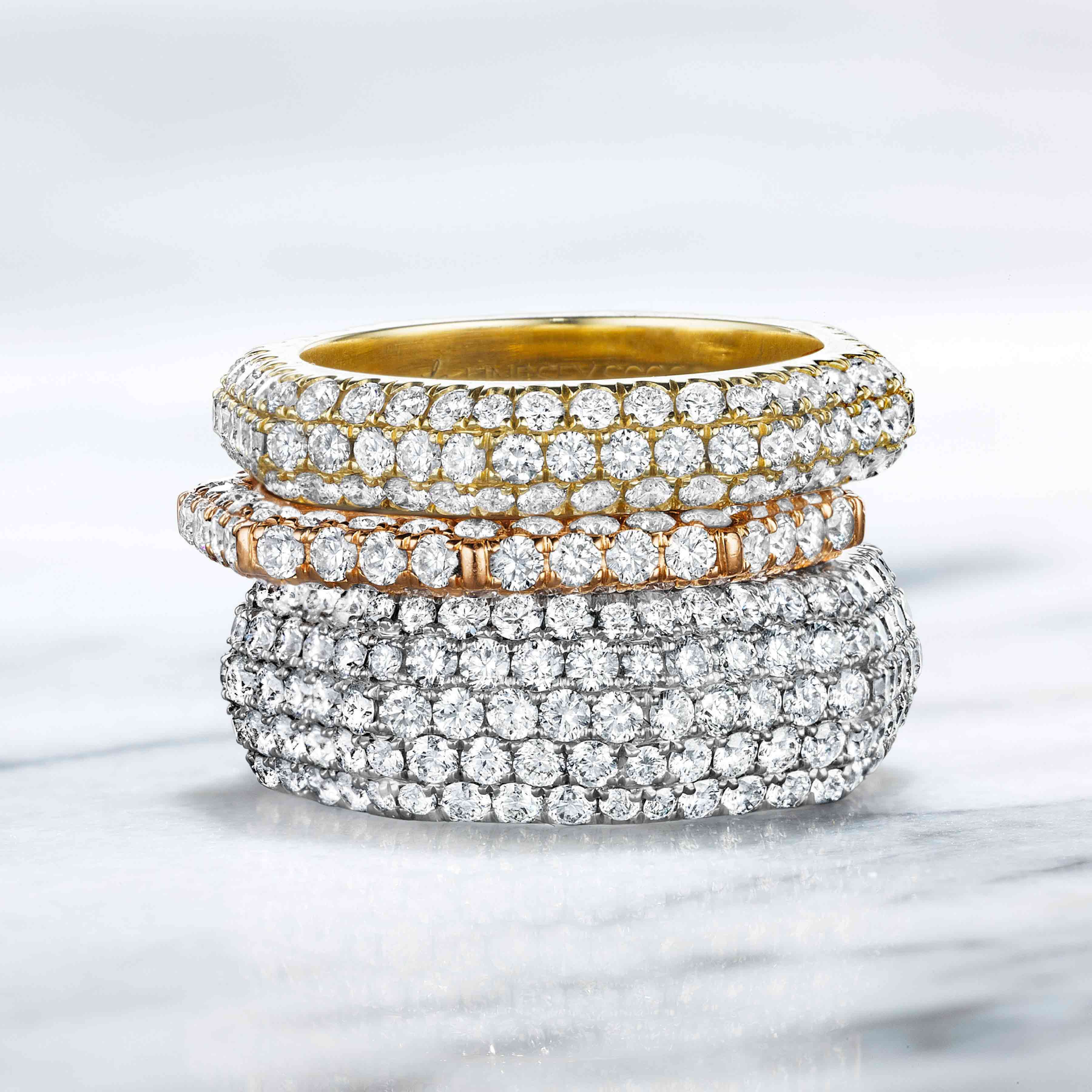 Pave diamond Still collection bands in yellow gold, rose gold and platinum
