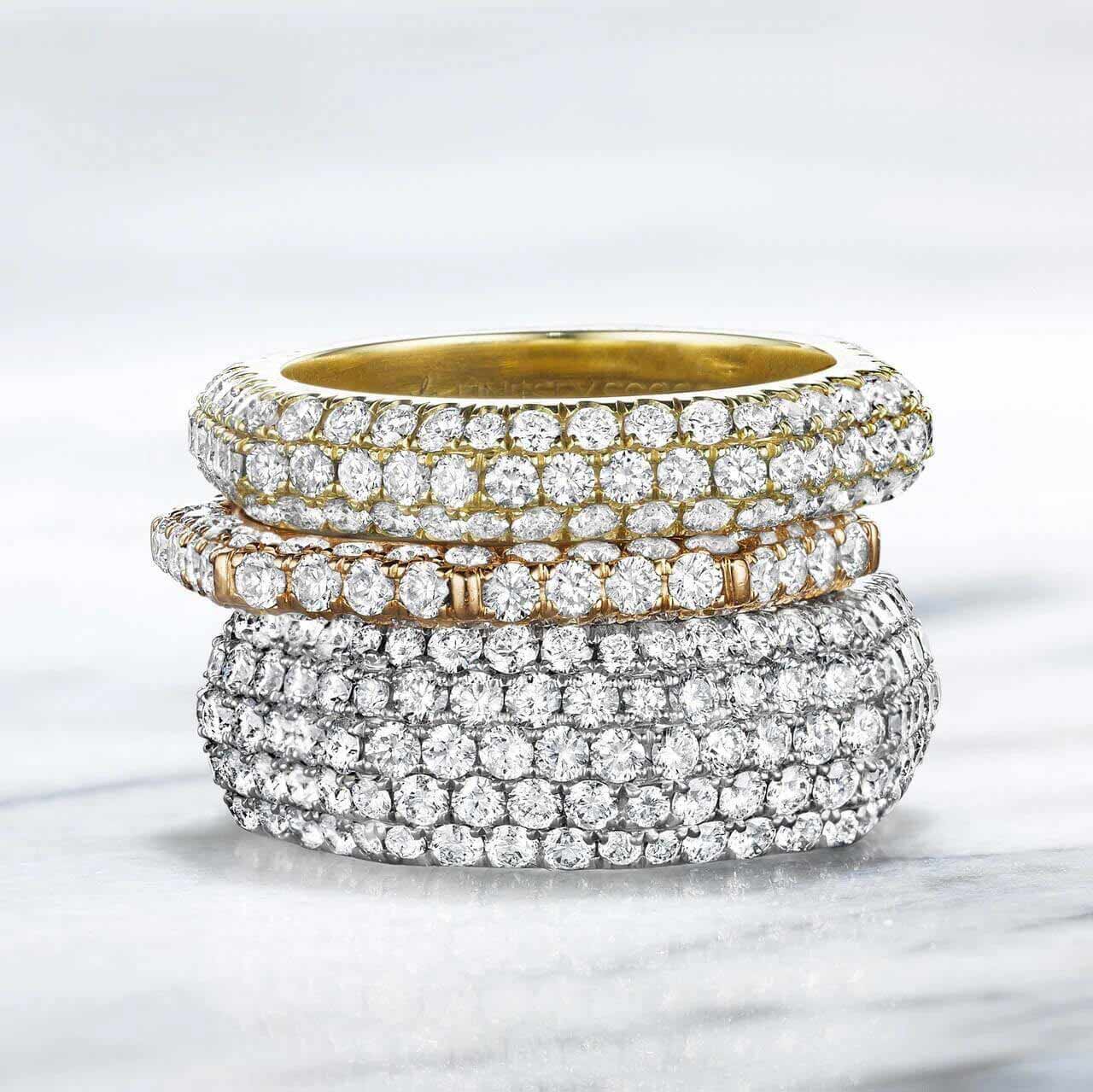 Pave diamond wedding band in 18 karat rose gold