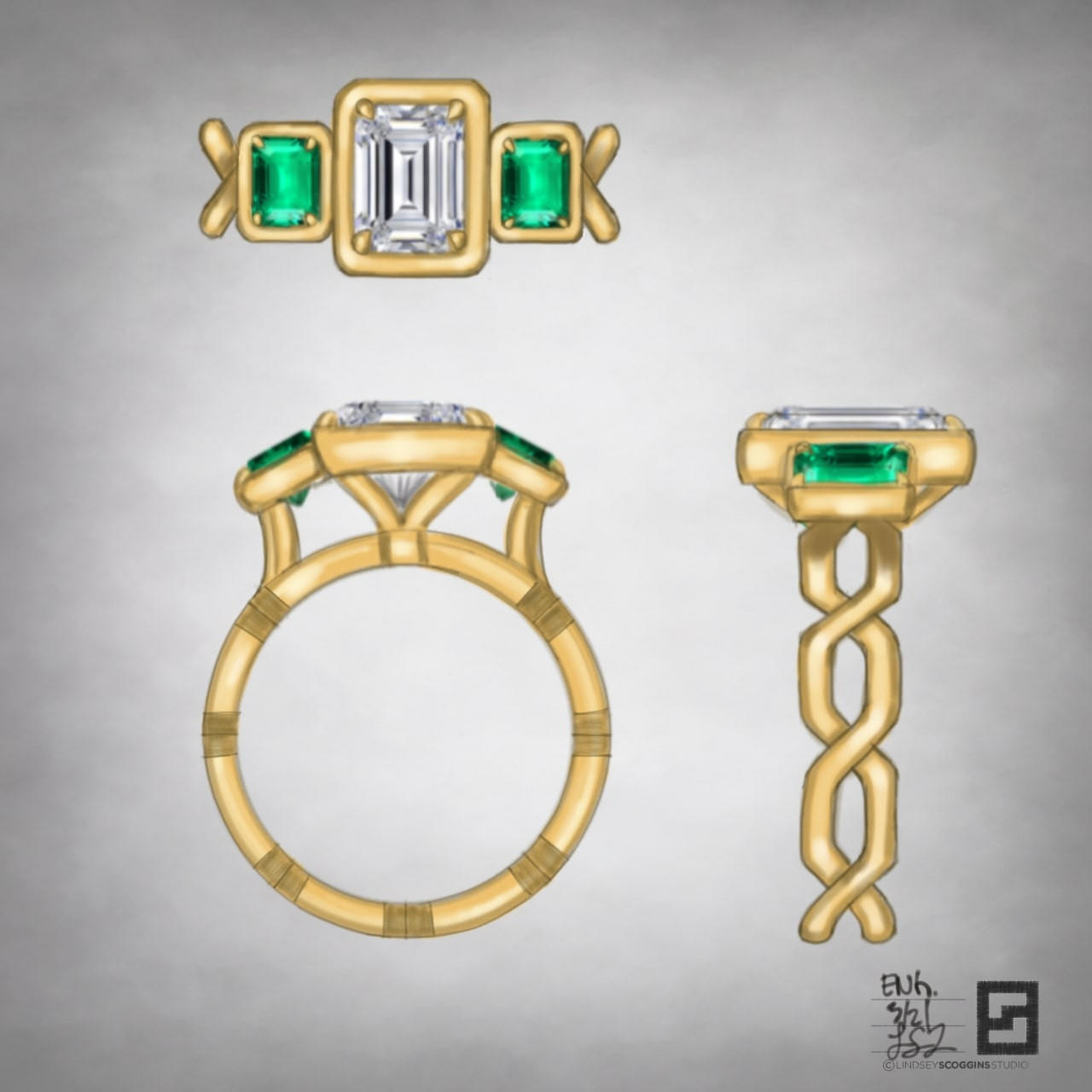 three stone emerald and diamond ring with emerald cut diamond and emerald accents on an open chance engagement ring band