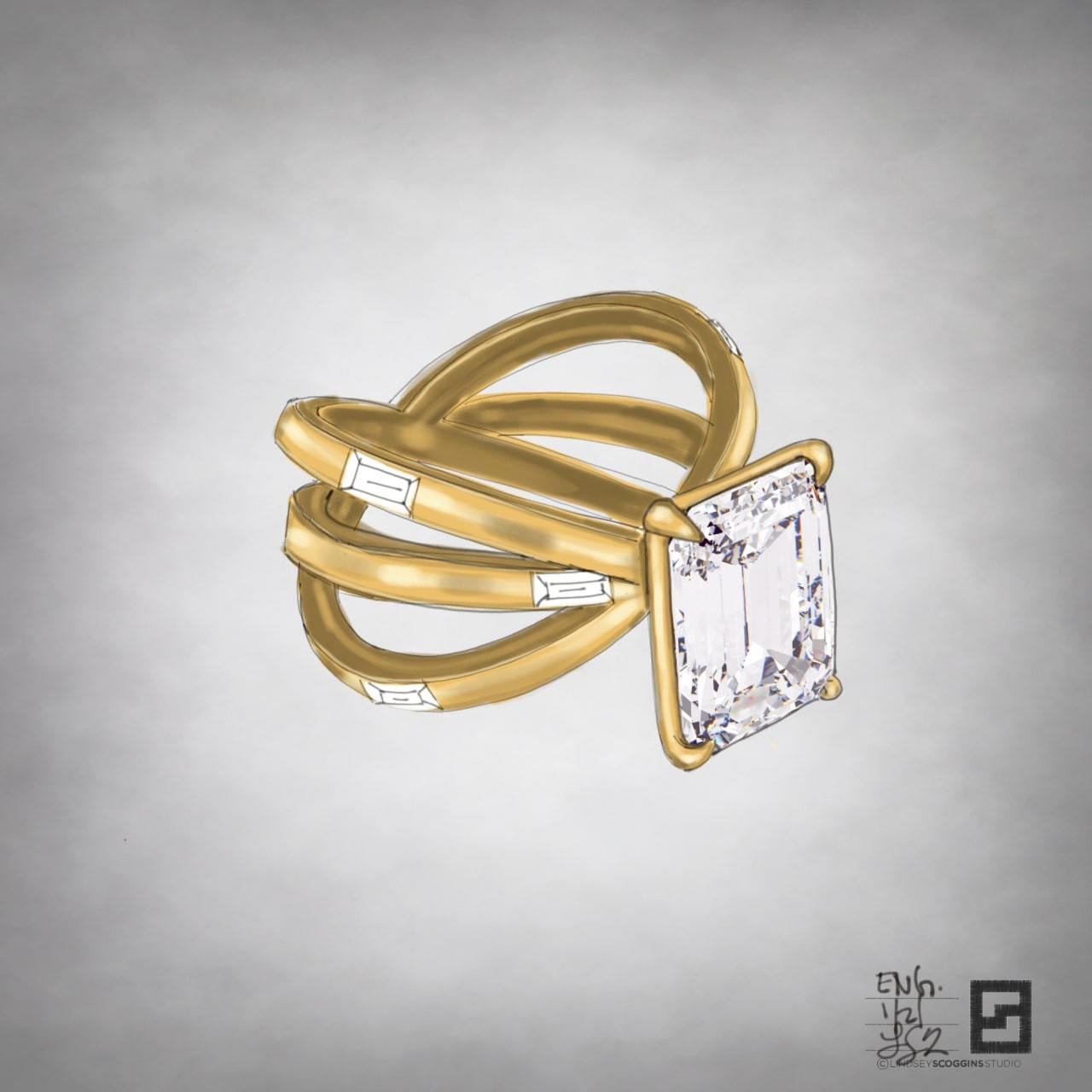 triple band engagement ring with emerald cut diamond and baguettes