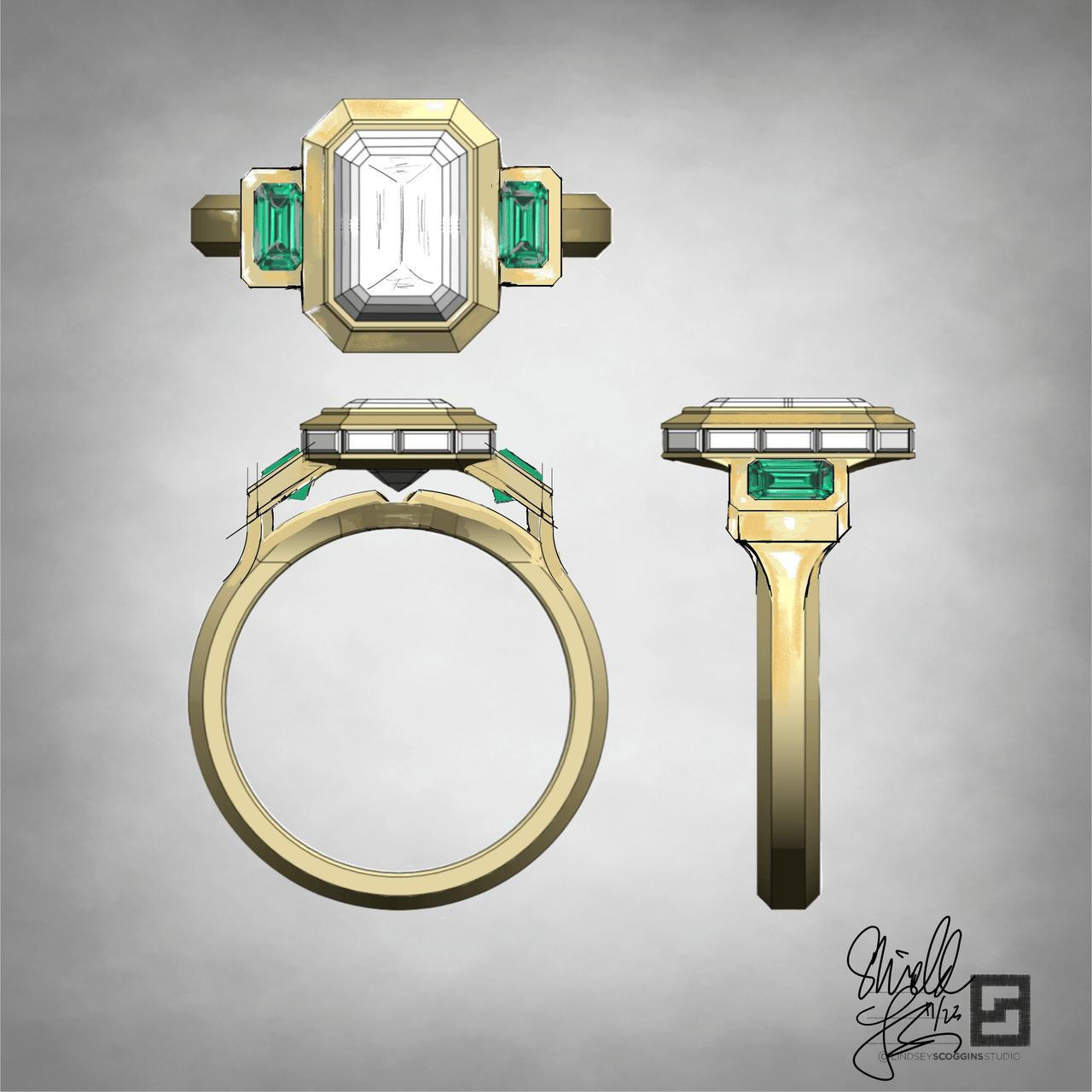 shield emerald cut diamond three stone ring in 18k rose gold