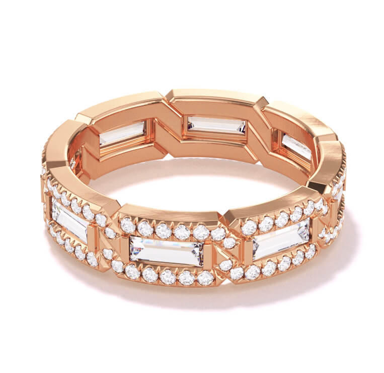 Baguette and round diamond ring pave 8 link band in 18k rose gold