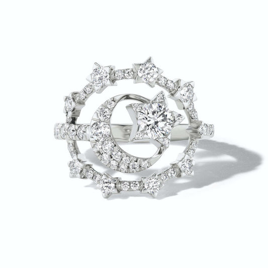 diamond and gold star and moon ring in white gold