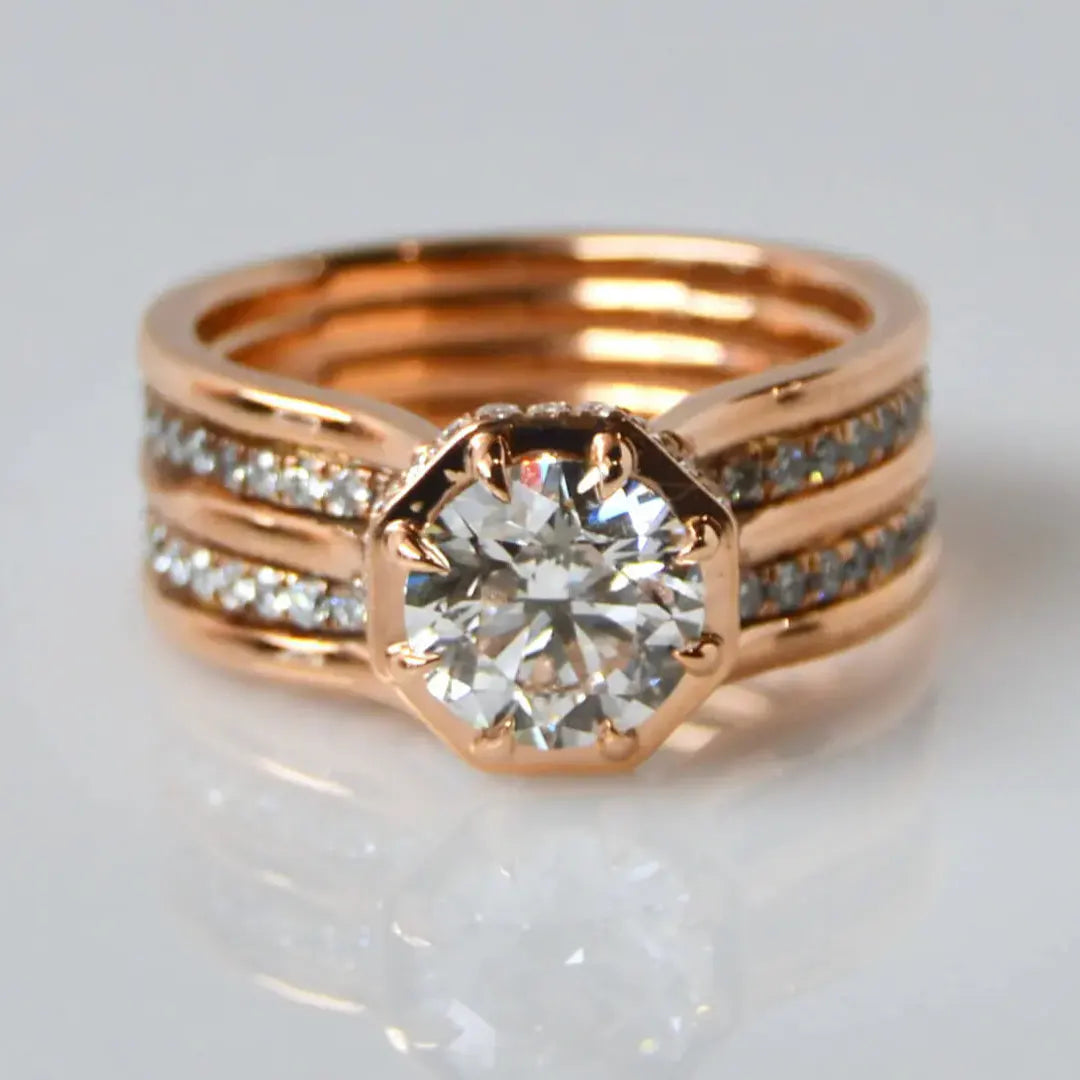 BESPOKE ROUND DIAMOND ENGAGEMENT RING WITH OCTAGON BEZEL AND WIDE BAND