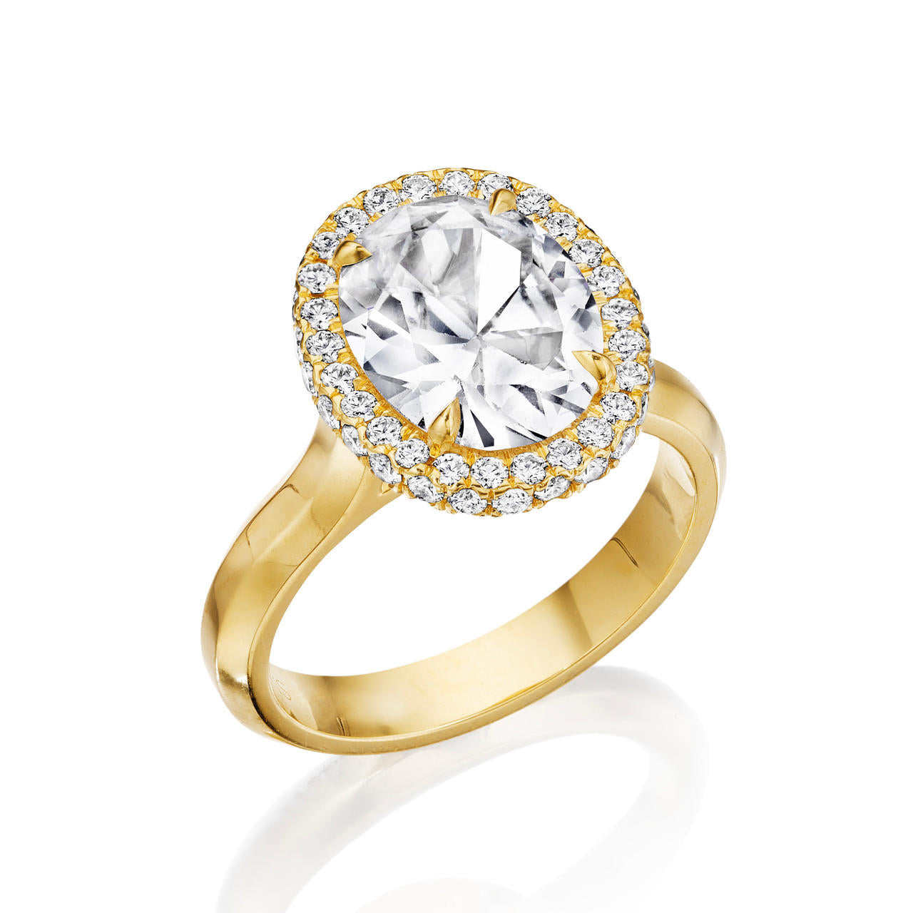 OVAL CUT DIAMOND ENGAGEMENT RING WITH A WRAPPED HALO THREE PHASES SLIM SETTING IN 18K YELLOW GOLD