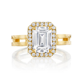 EMERALD CUT DIAMOND ENGAGEMENT RING WITH A WRAPPED HALO 8 LINKS SETTING IN 18K YELLOW GOLD