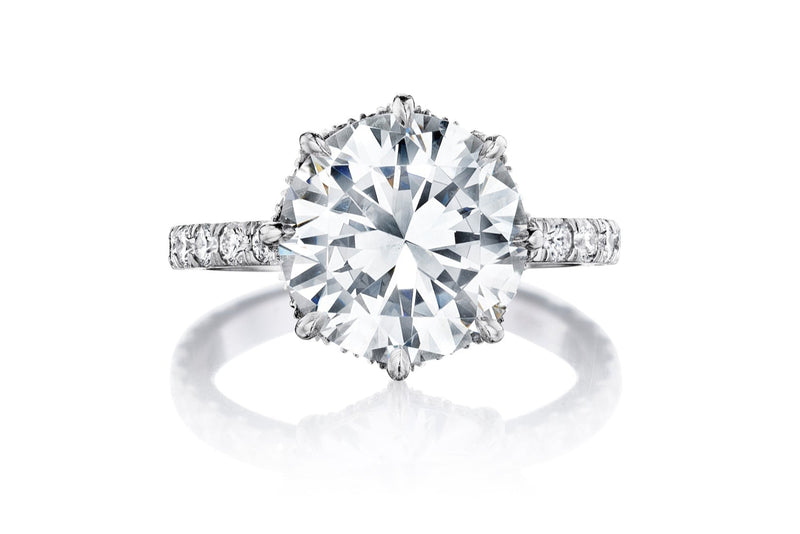 Close-up of a round-cut diamond ring in platinum with a shimmering pavé diamond band.