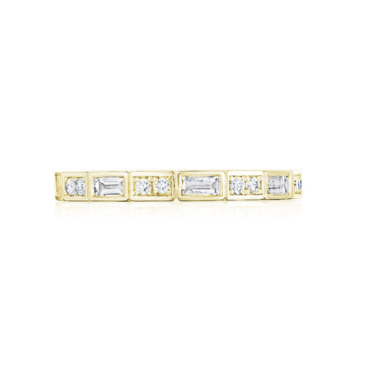 Straight-on view of the yellow gold Brick by Brick Alternating Baguette and Round Diamond Band by Lindsey Scoggins Studio.