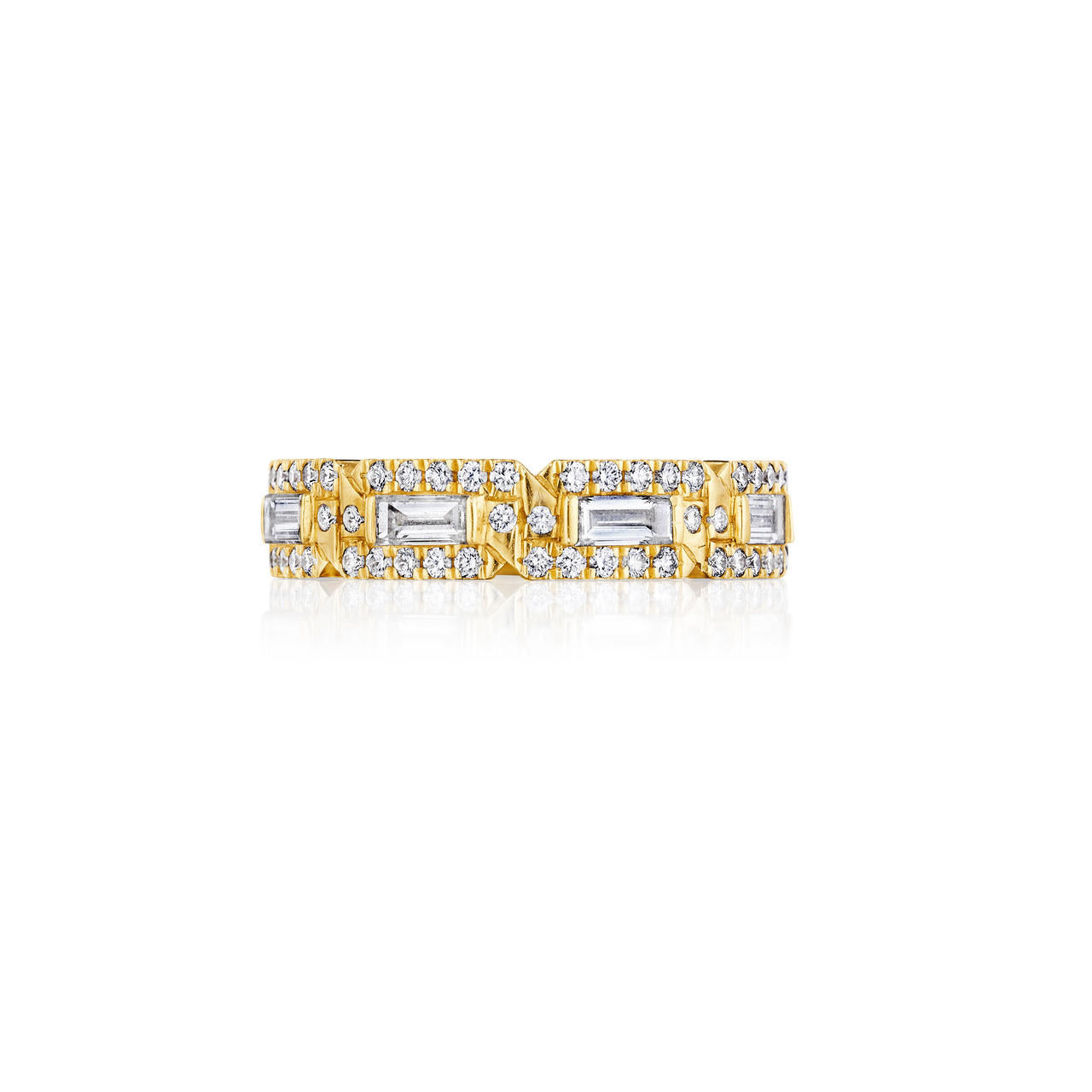 Baguette and round diamond ring pave 8 link band in 18k yellow gold