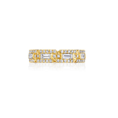 Baguette and round diamond ring pave 8 link band in 18k yellow gold