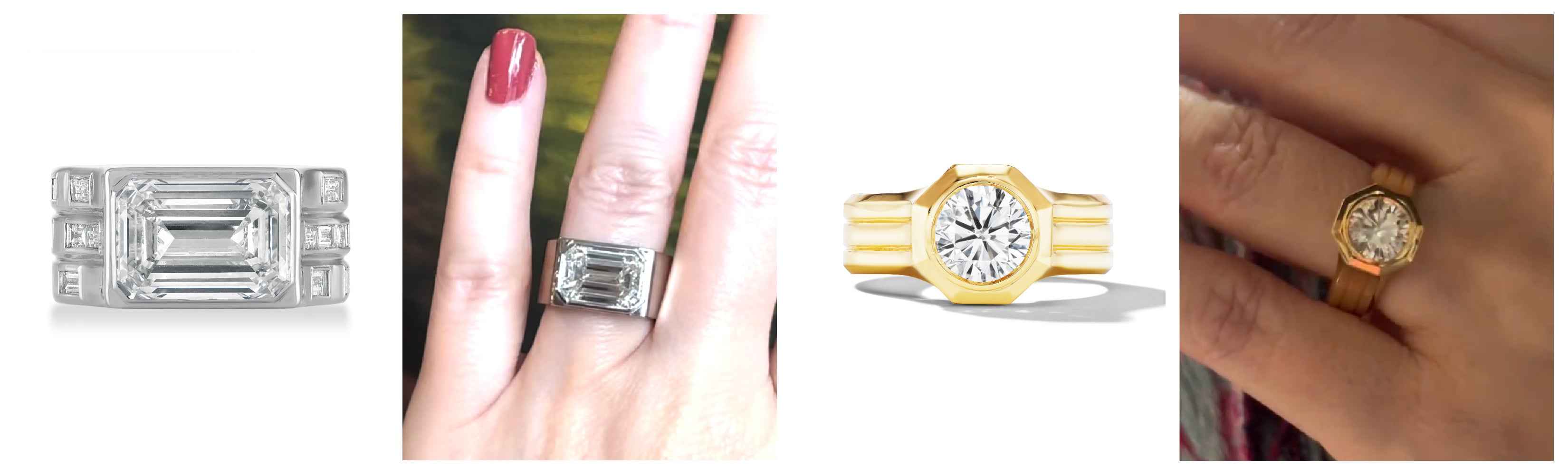 Collage of wide-band rings in platinum, a woman’s hand wearing a white-metal ring, and loose rings in yellow gold and rose gold.