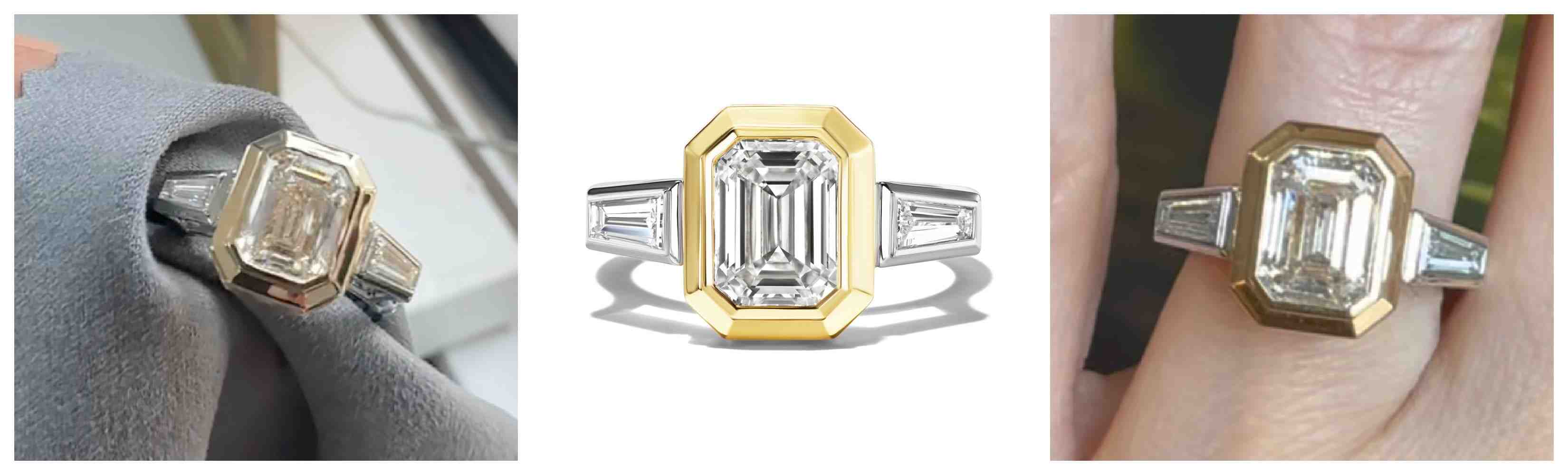 Collage of an emerald-cut diamond ring with tapered stones during polishing, after polishing, & when worn on a woman’s hand.