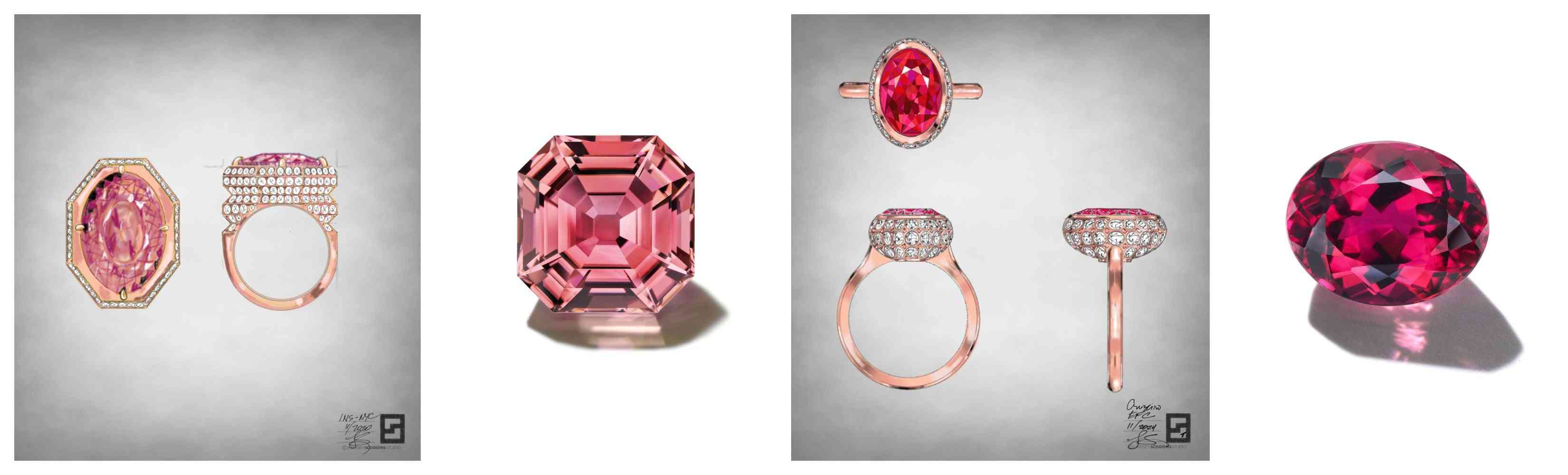 Collage of ring design sketches with pink gemstones, a emerald cut pink gemstone in emerald cut, detailed ring design views, and an oval pink gemstone.