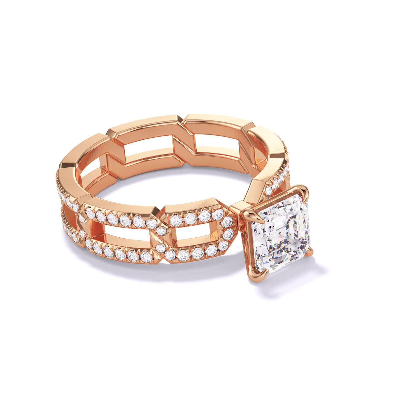 ASSCHER CUT DIAMOND ENGAGEMENT RING WITH A CLASSIC 4 PRONG 8 PAVE LINKS SETTING IN 18K ROSE GOLD