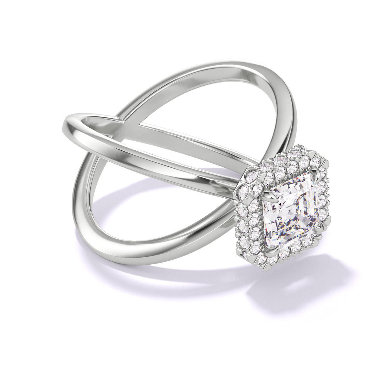 ASSCHER CUT DIAMOND ENGAGEMENT RING WITH A WRAPPED HALO AXIS SETTING IN PLATINUM