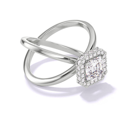 ASSCHER CUT DIAMOND ENGAGEMENT RING WITH A WRAPPED HALO AXIS SETTING IN PLATINUM