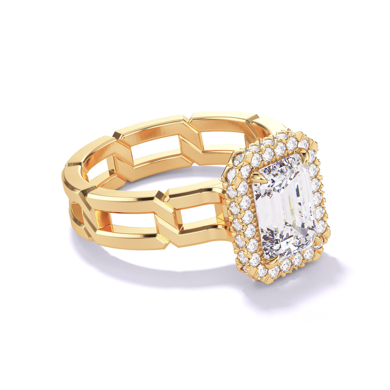 EMERALD CUT DIAMOND ENGAGEMENT RING WITH A WRAPPED HALO 8 LINKS SETTING IN 18K YELLOW GOLD