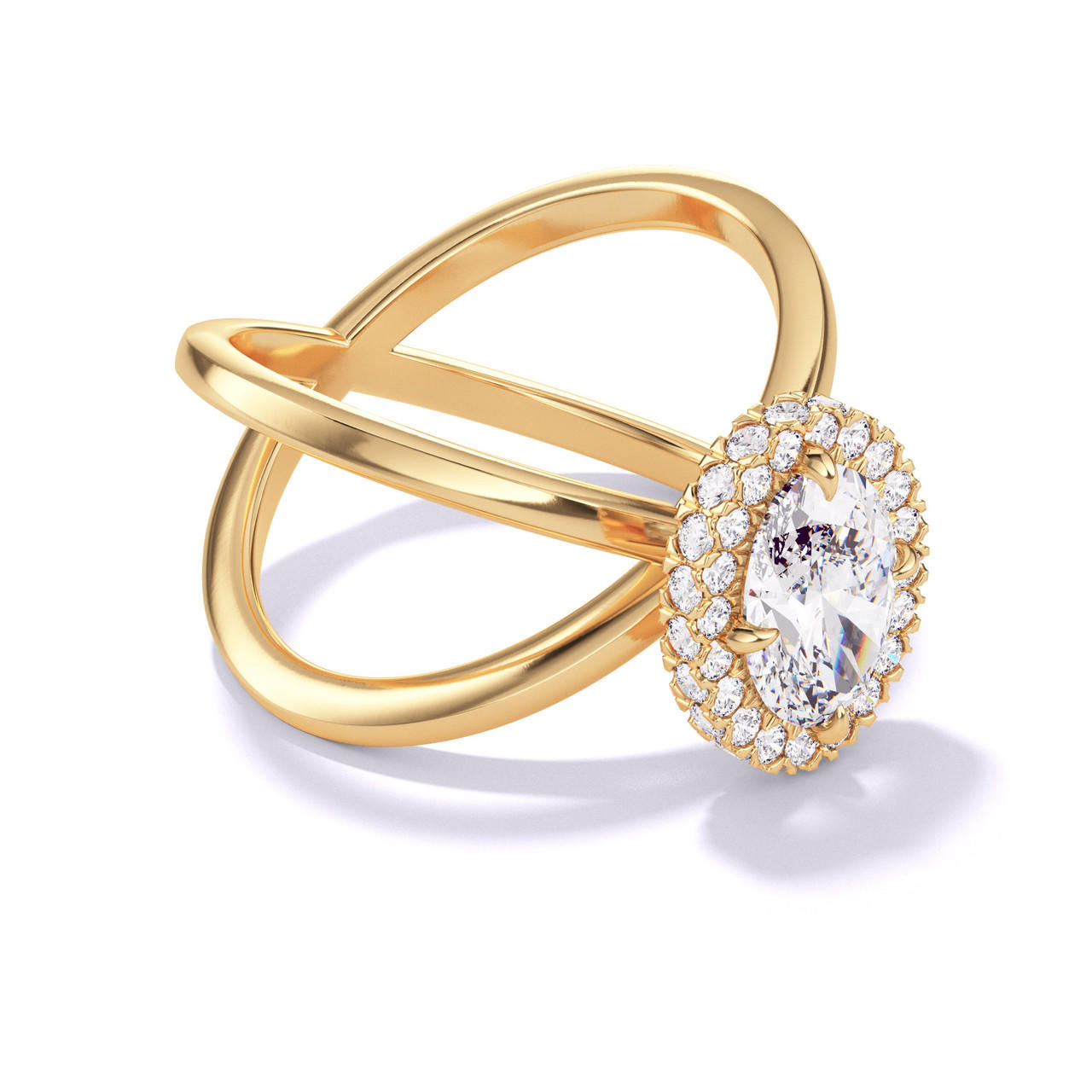 OVAL CUT DIAMOND ENGAGEMENT RING WITH A WRAPPED HALO AXIS SETTING IN 18K YELLOW GOLD