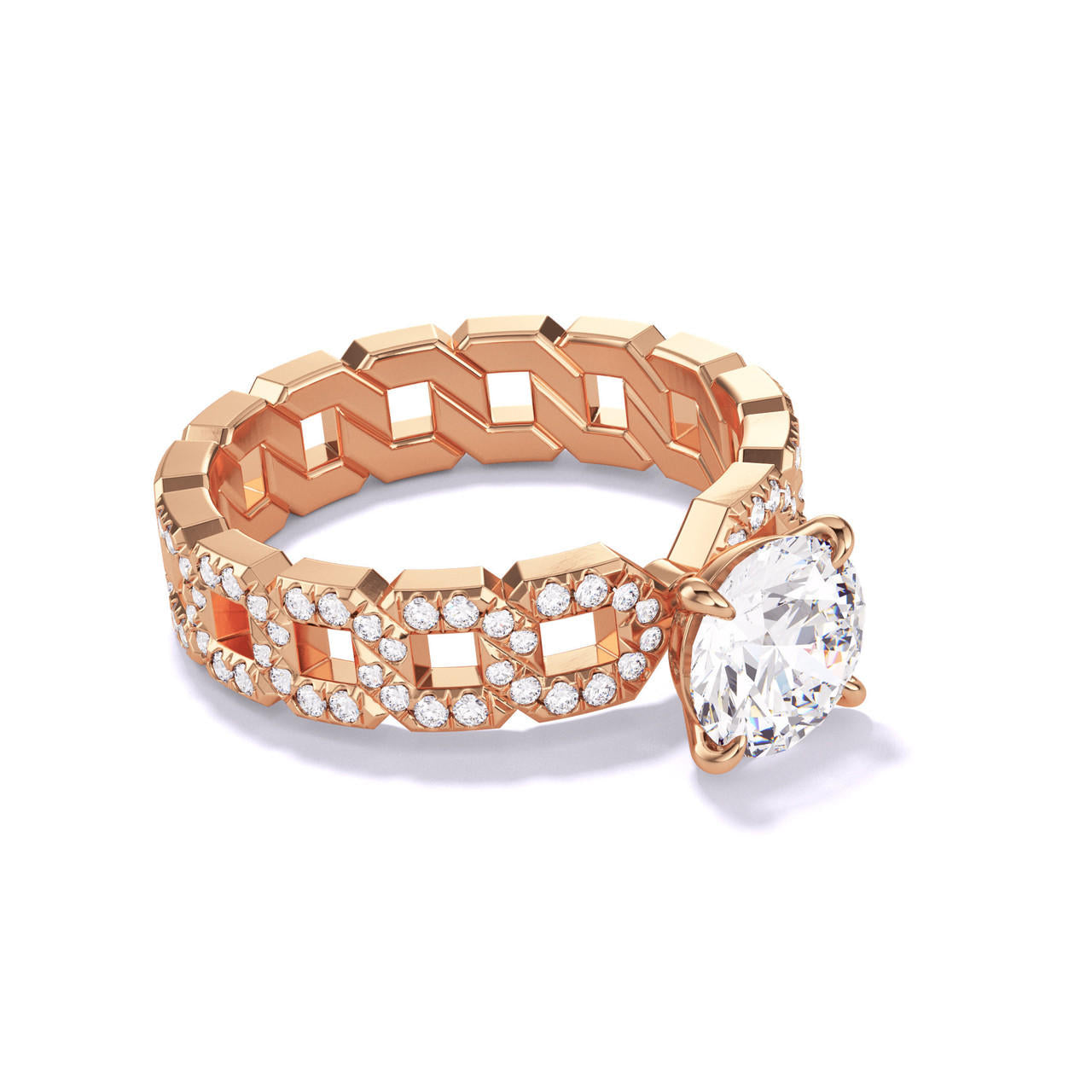 ROUND CUT DIAMOND ENGAGEMENT RING WITH A CLASSIC 4 PRONG 16 PAVE LINKS SETTING IN 18K ROSE GOLD