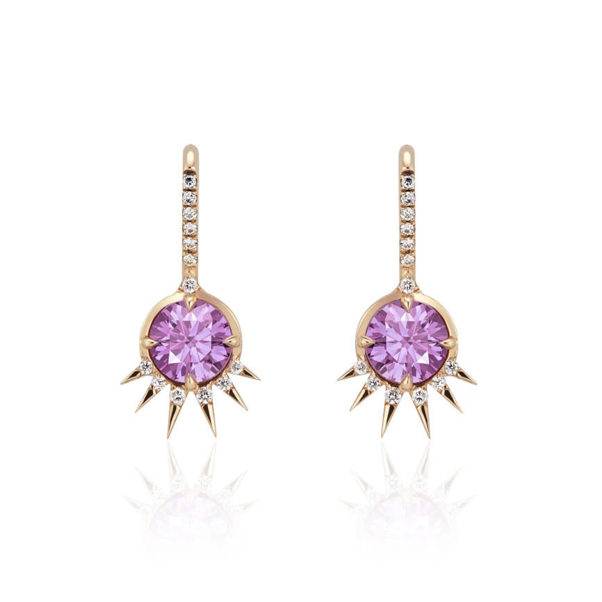 statue of liberty inspired drop earrings in 18k rose gold with pink sapphires and diamonds