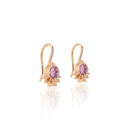 statue of liberty inspired drop earrings in 18k rose gold with pink sapphires and diamonds