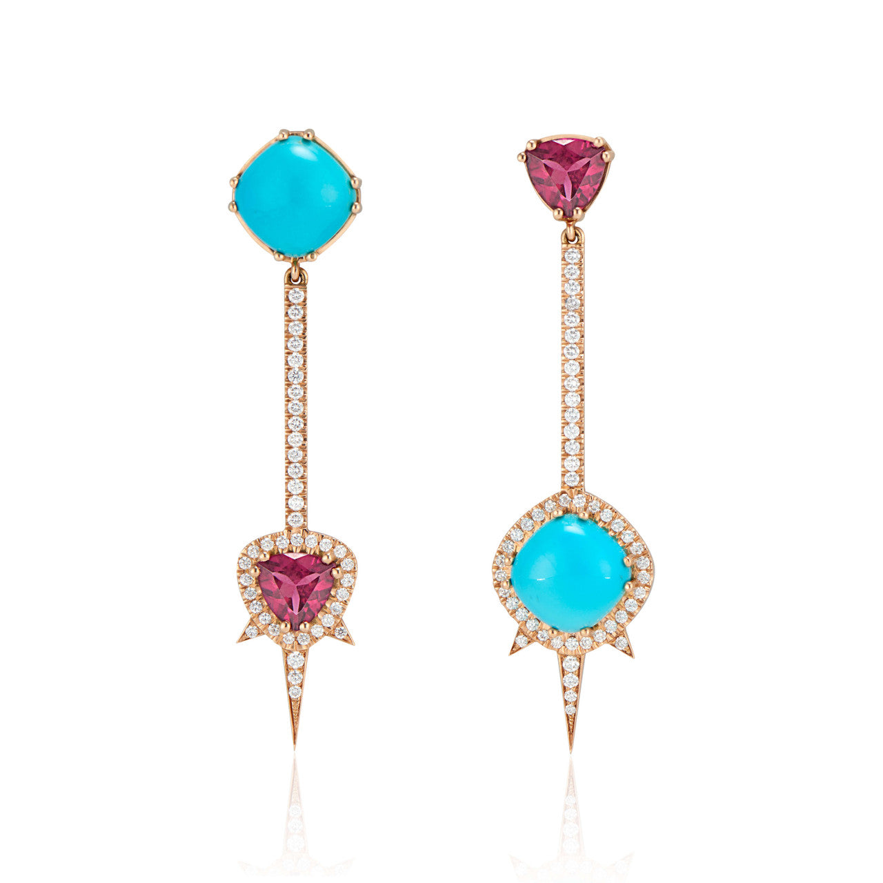 Warrior Earrings in 18k rose gold with sleeping beauty turquoise, rhodolite garnet and pave diamonds