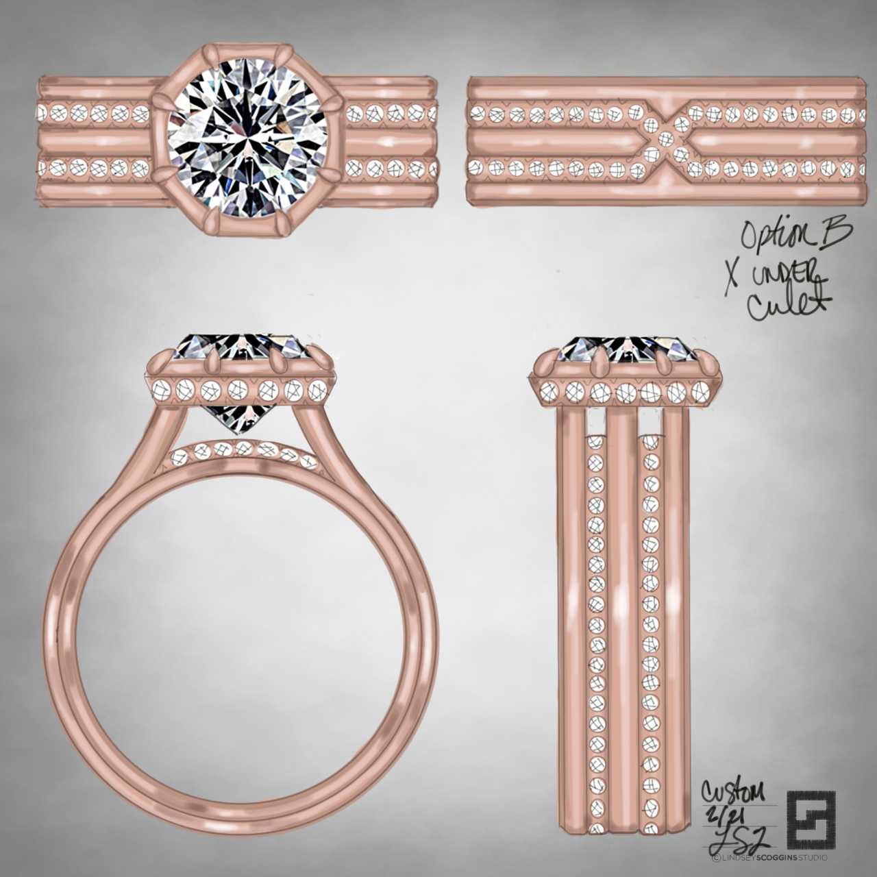Multiple 3D render views of a wide-band engagement ring with diamonds placed all around the band.