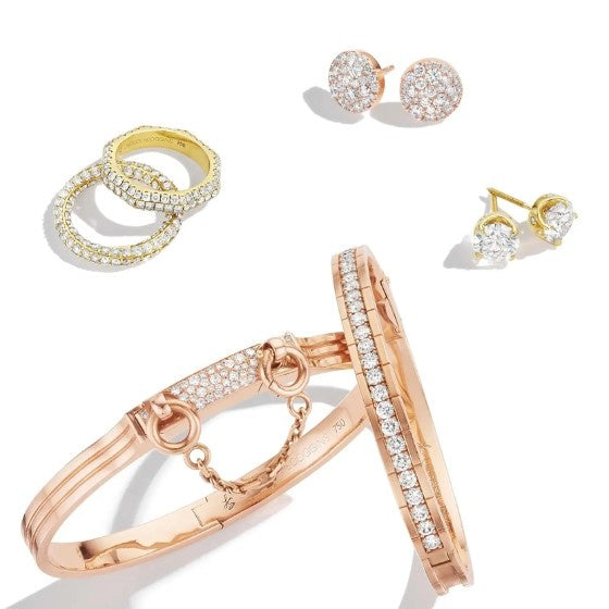Rose gold diamond bangle bracelet with pave diamonds, paired with diamond stud earrings and a yellow gold diamond ring.