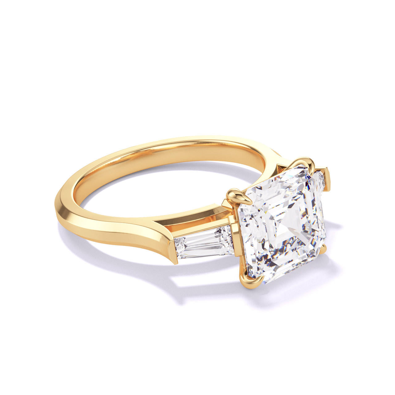 ASSCHER CUT DIAMOND ENGAGEMENT RING WITH A BAGUETTE FLANK THREE PHASES SLIM SETTING IN 18K YELLOW GOLD