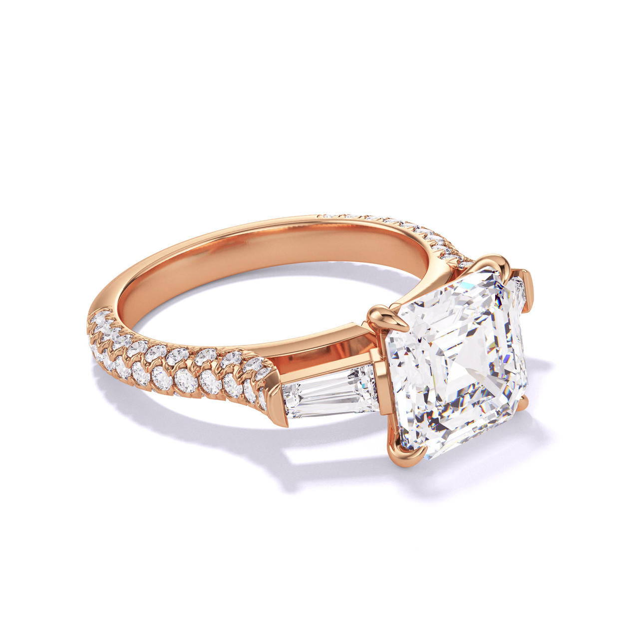 ASSCHER CUT DIAMOND ENGAGEMENT RING WITH A BAGUETTE FLANK THREE PHASES TRIPLE PAVE SETTING IN 18K ROSE GOLD