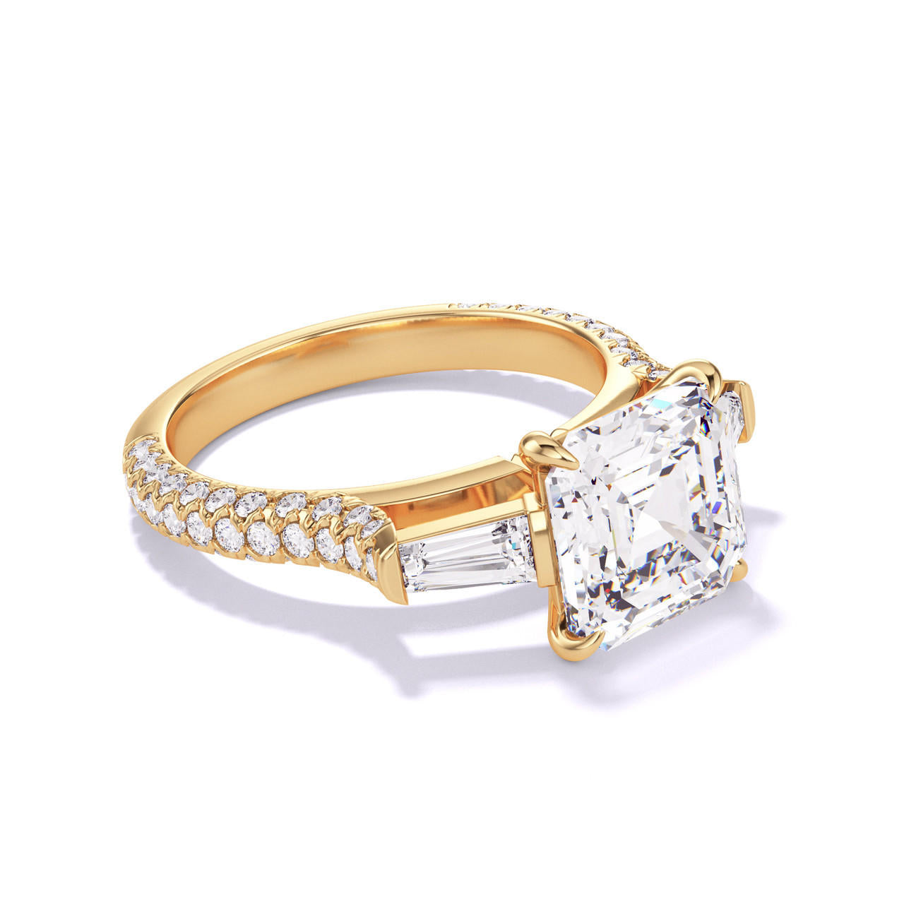 ASSCHER CUT DIAMOND ENGAGEMENT RING WITH A BAGUETTE FLANK THREE PHASES TRIPLE PAVE SETTING IN 18K YELLOW GOLD