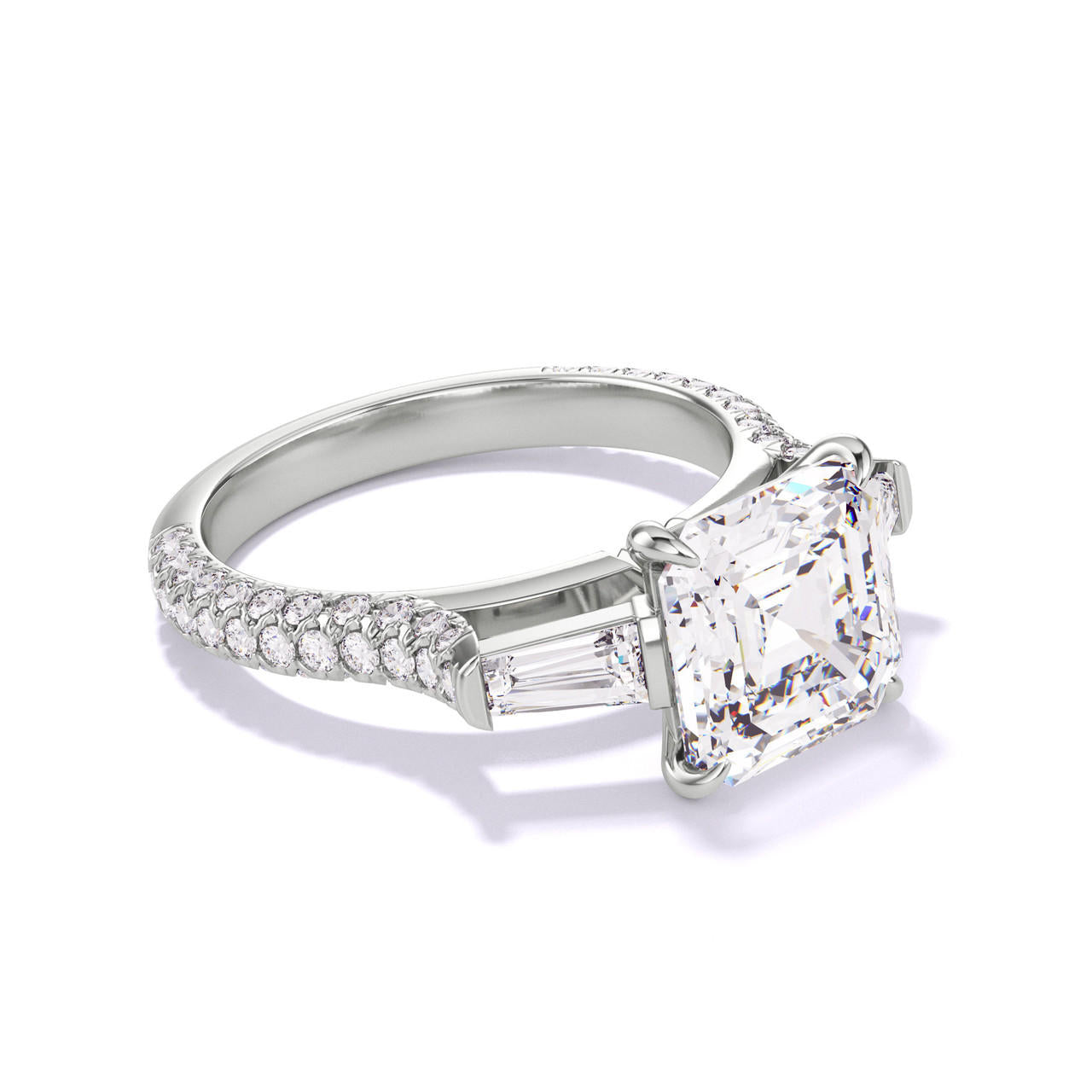 Platinum Asscher Cut Engagement Ring with a Baguette Flank Setting on a Pave Band