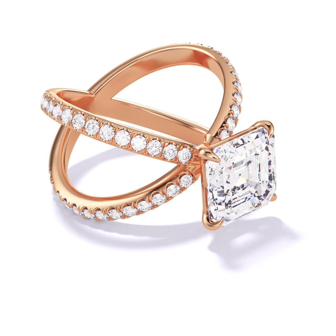 ASSCHER CUT DIAMOND ENGAGEMENT RING WITH A CLASSIC 4 PRONG AXIS PAVE SETTING IN 18K ROSE GOLD