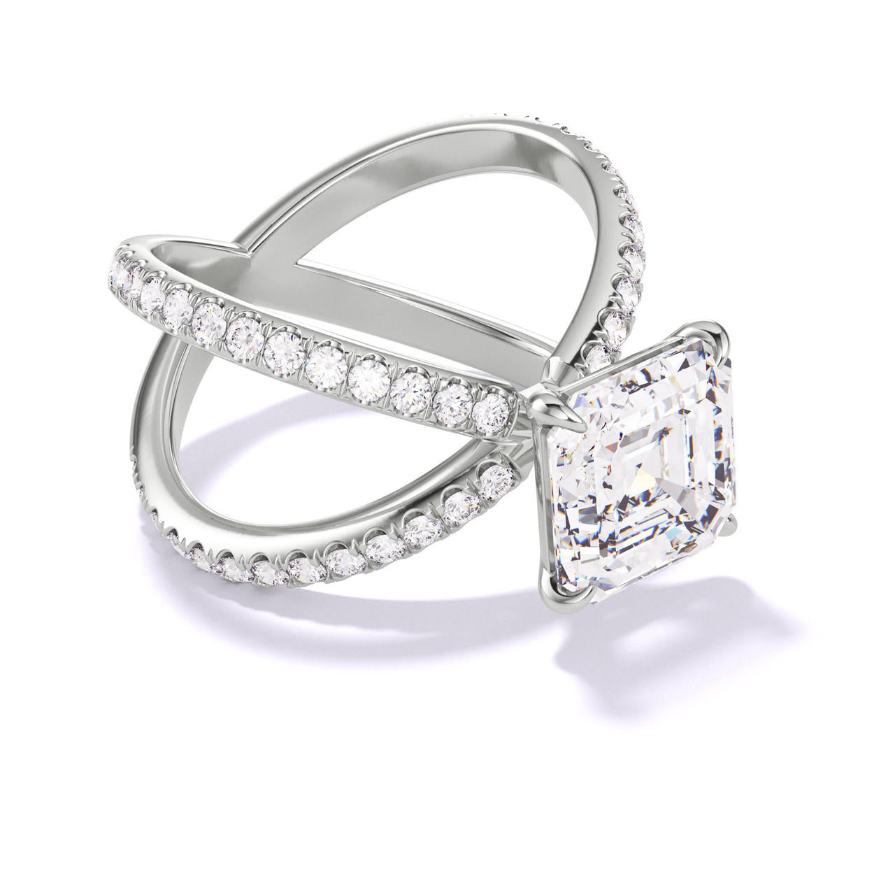 ASSCHER CUT DIAMOND ENGAGEMENT RING WITH A CLASSIC 4 PRONG AXIS PAVE SETTING IN PLATINUM