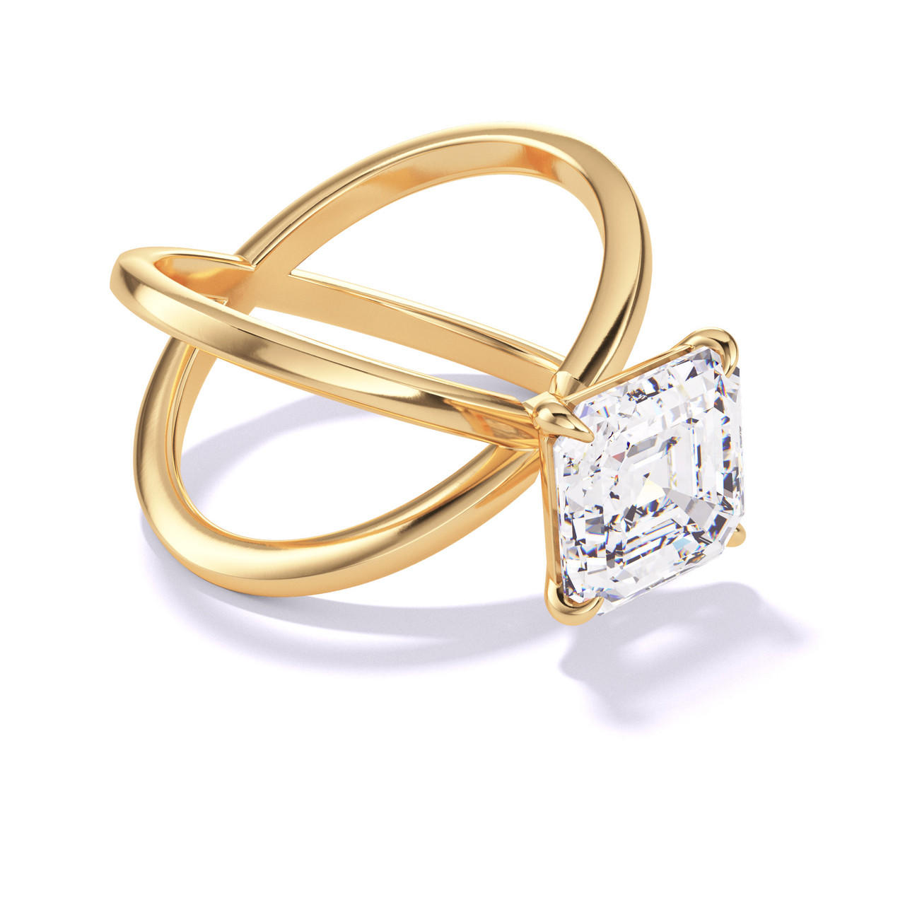 ASSCHER CUT DIAMOND ENGAGEMENT RING WITH A CLASSIC 4 PRONG AXIS SETTING IN 18K YELLOW GOLD
