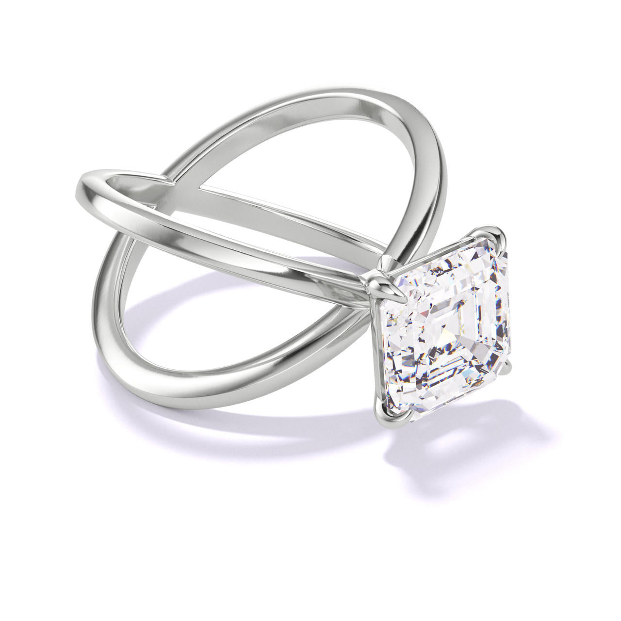 ASSCHER CUT DIAMOND ENGAGEMENT RING WITH A CLASSIC 4 PRONG AXIS SETTING IN PLATINUM
