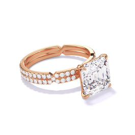 Asscher cut diamond engagement ring with a classic 4 prong chance pave setting in 18k rose gold