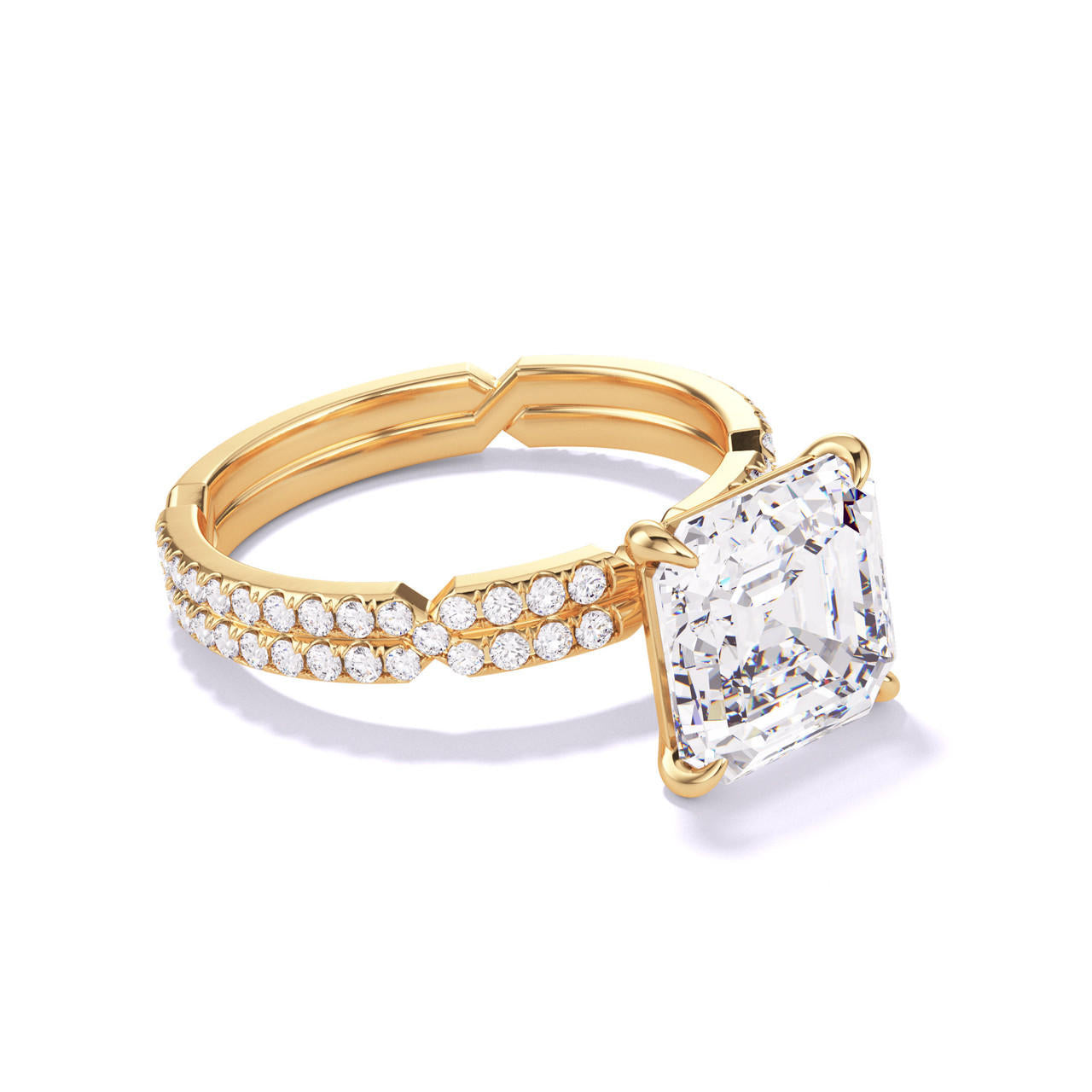 ASSCHER CUT DIAMOND ENGAGEMENT RING WITH A CLASSIC 4 PRONG CHANCE PAVE SETTING IN 18K YELLOW GOLD