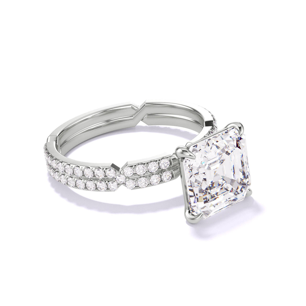 ASSCHER CUT DIAMOND ENGAGEMENT RING WITH A CLASSIC 4 PRONG CHANCE PAVE SETTING IN PLATINUM