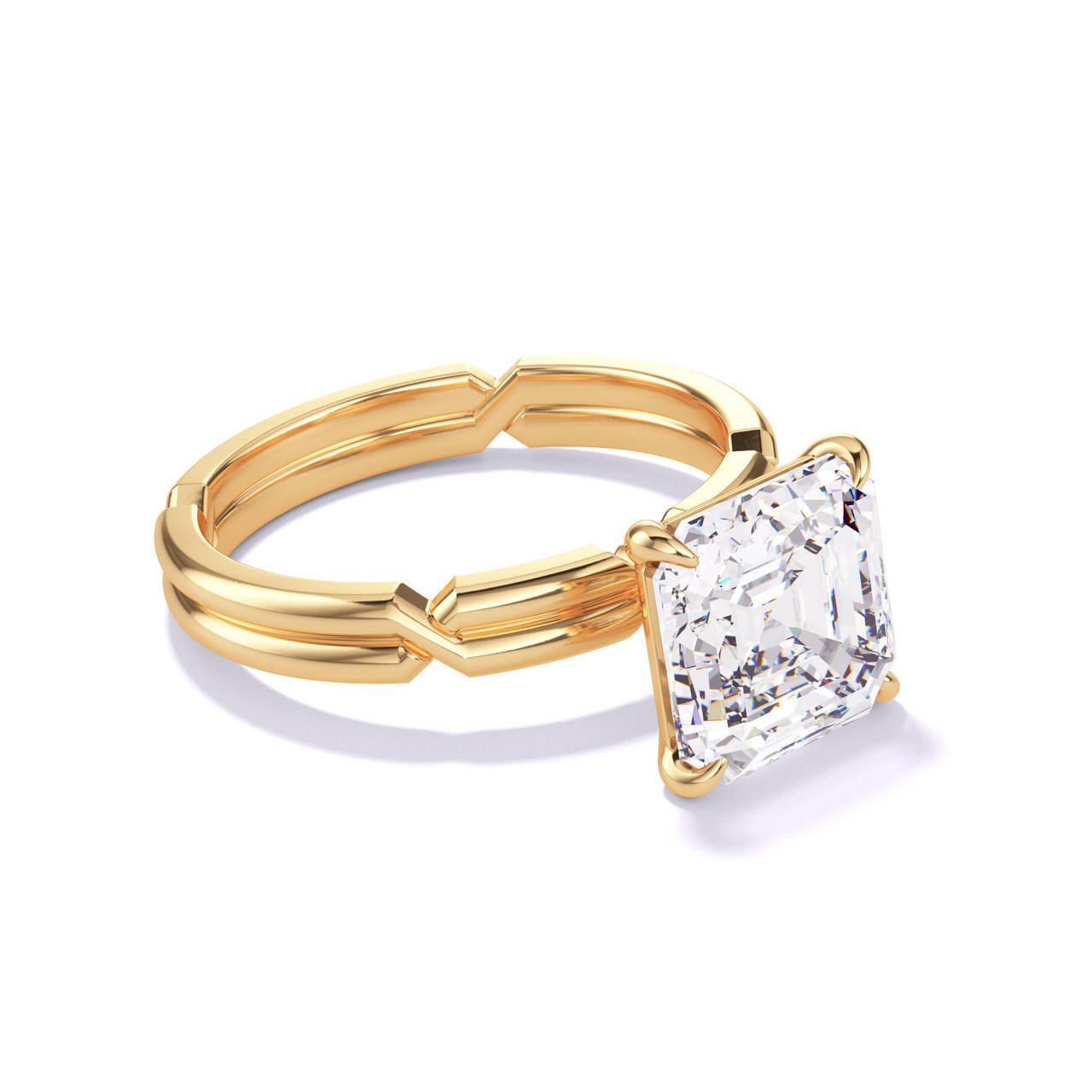 Asscher cut diamond engagement ring with a classic 4 prong chance setting in 18k yellow gold