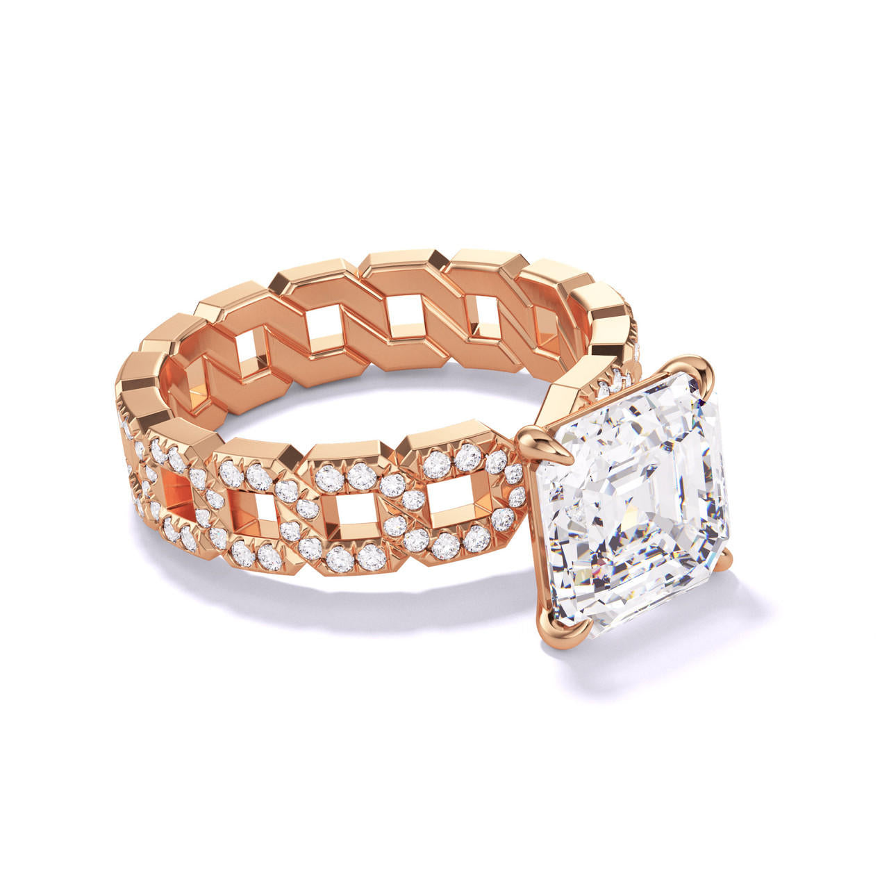 ASSCHER CUT DIAMOND ENGAGEMENT RING WITH A CLASSIC 4 PRONG 16 PAVE LINKS SETTING IN 18K ROSE GOLD