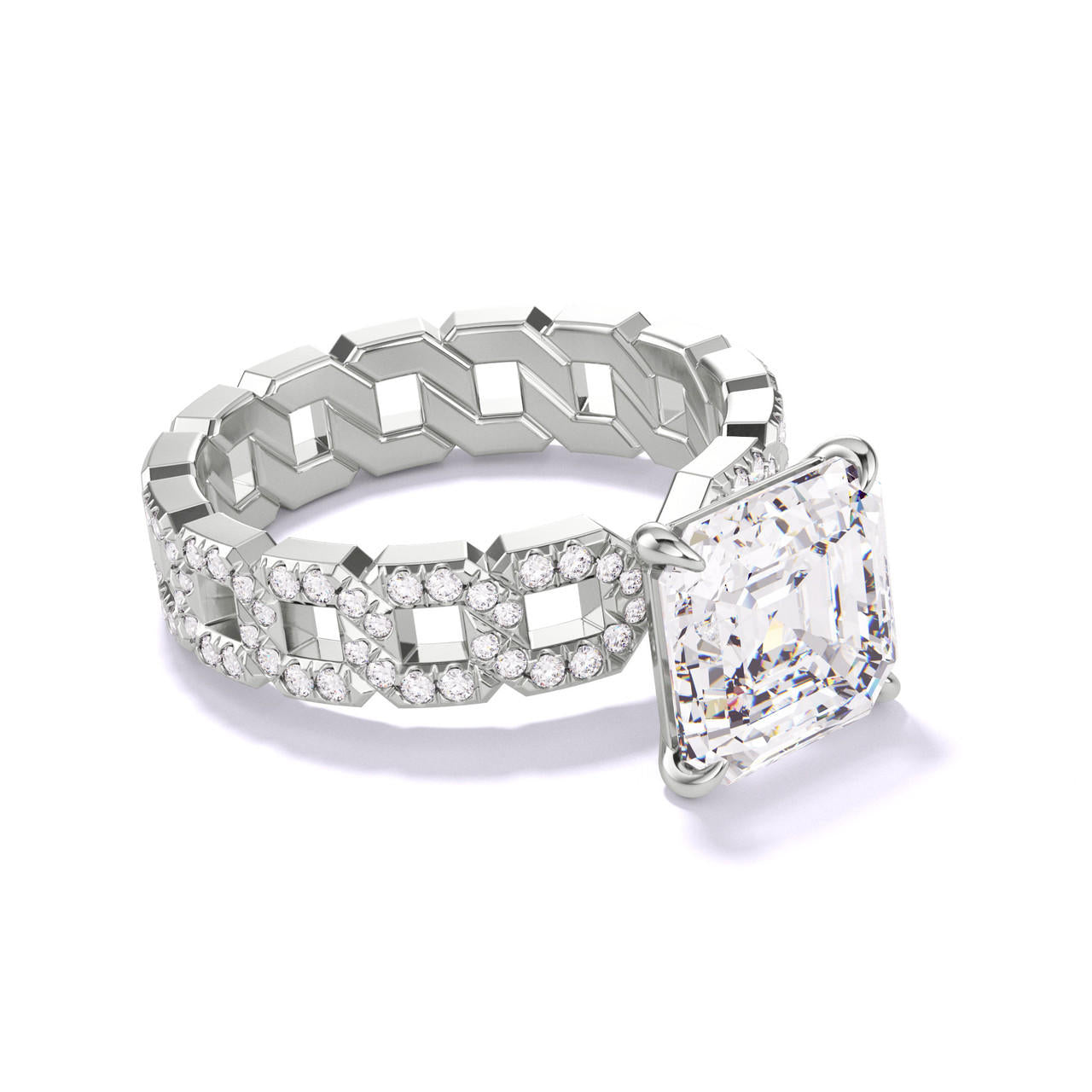 ASSCHER CUT DIAMOND ENGAGEMENT RING WITH A CLASSIC 4 PRONG 16 PAVE LINKS SETTING IN PLATINUM