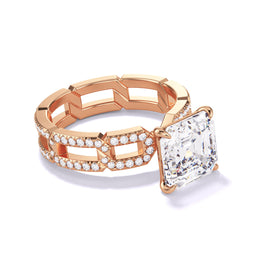 ASSCHER CUT DIAMOND ENGAGEMENT RING WITH A CLASSIC 4 PRONG 8 PAVE LINKS SETTING IN 18K ROSE GOLD