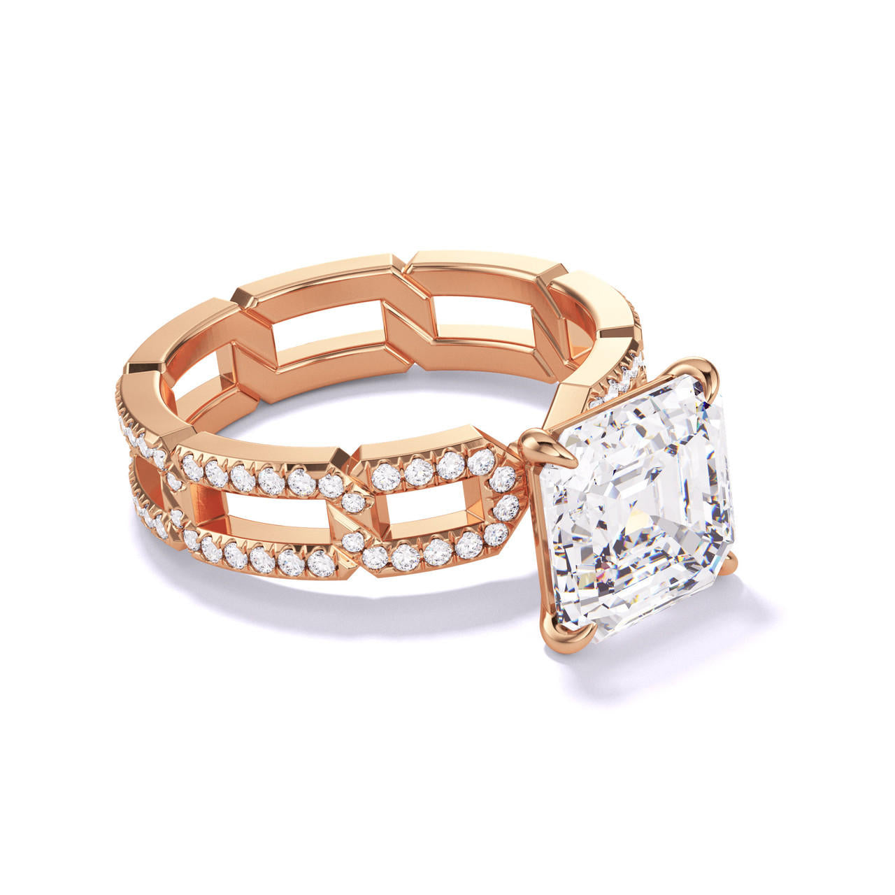 ASSCHER CUT DIAMOND ENGAGEMENT RING WITH A CLASSIC 4 PRONG 8 PAVE LINKS SETTING IN 18K ROSE GOLD