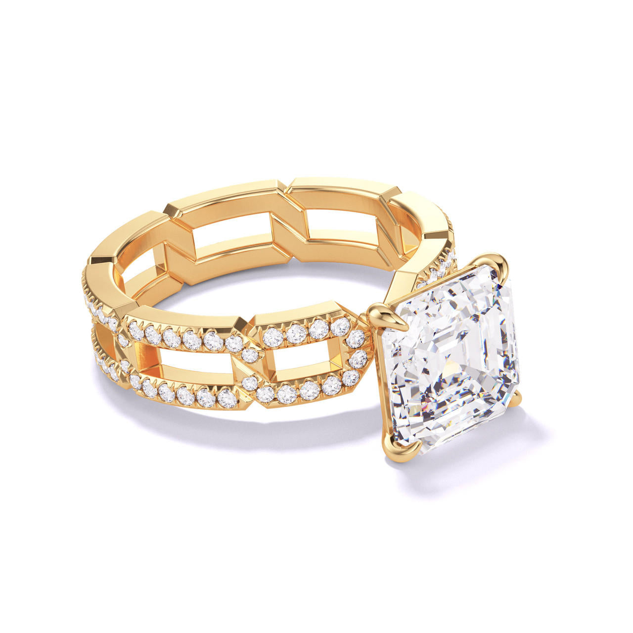 ASSCHER CUT DIAMOND ENGAGEMENT RING WITH A CLASSIC 4 PRONG 8 PAVE LINKS SETTING IN 18K YELLOW GOLD
