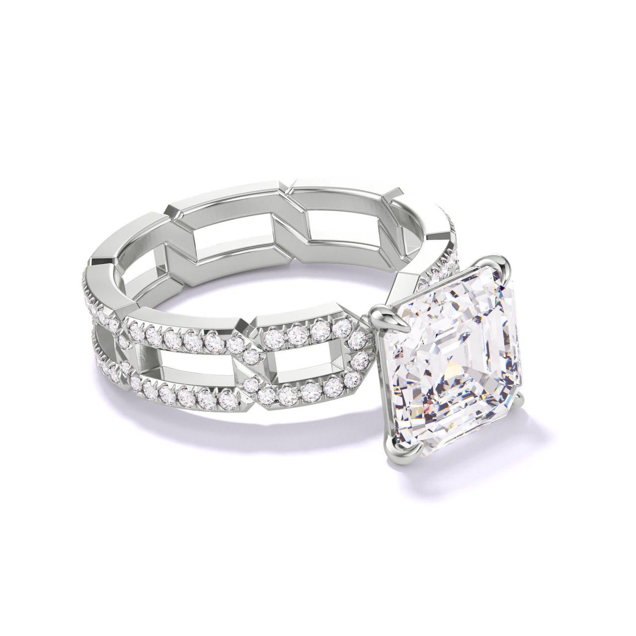 ASSCHER CUT DIAMOND ENGAGEMENT RING WITH A CLASSIC 4 PRONG 8 PAVE LINKS SETTING IN PLATINUM