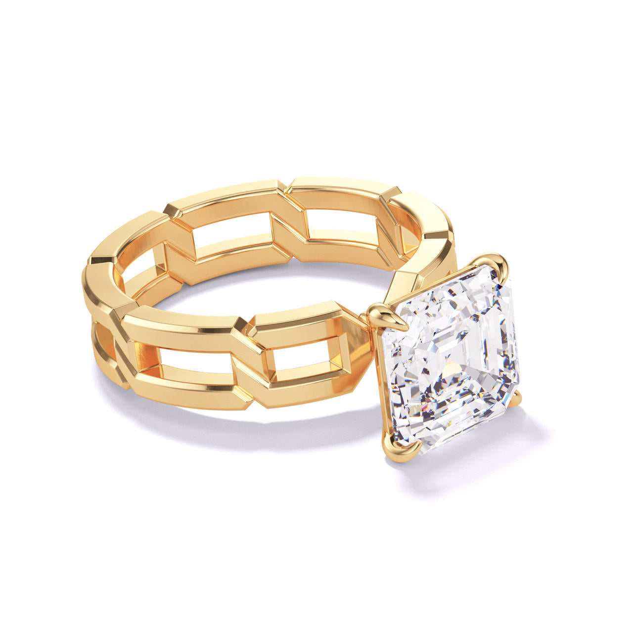 ASSCHER CUT DIAMOND ENGAGEMENT RING WITH A CLASSIC 4 PRONG 8 LINKS SETTING IN 18K YELLOW GOLD