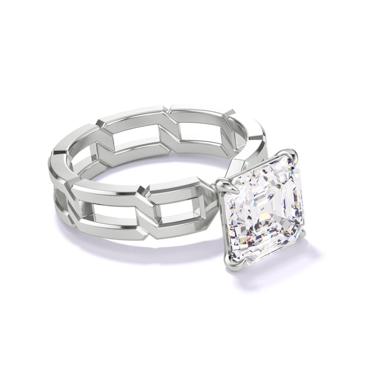 ASSCHER CUT DIAMOND ENGAGEMENT RING WITH A CLASSIC 4 PRONG 8 LINKS SETTING IN PLATINUM