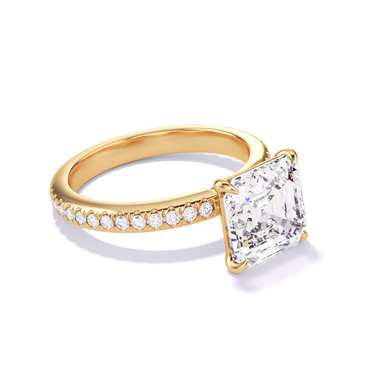 ASSCHER CUT DIAMOND ENGAGEMENT RING WITH A CLASSIC 4 PRONG THREE PHASES PAVE SETTING IN 18K YELLOW GOLD