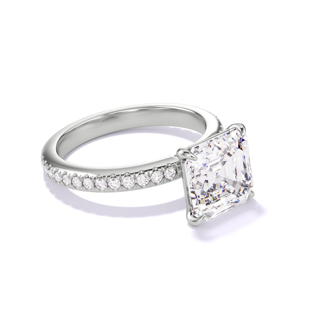 ASSCHER CUT DIAMOND ENGAGEMENT RING WITH A CLASSIC 4 PRONG THREE PHASES PAVE SETTING IN PLATINUM